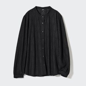 UNIQLO Women's Cotton Embroidery Long Sleeve Blouse in Black Sz Medium